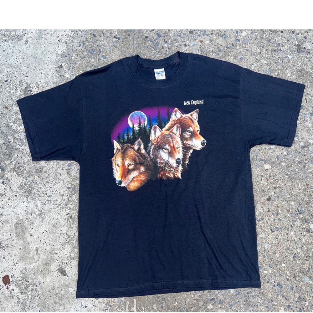 Vintage New England Wolf Pack Moon Graphic Shirt Mens XL Black Heavyweight